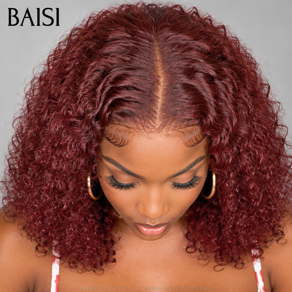 BAISI Perruque Bob 4x4 Lace Closure Bouclée en Rouge Bordeaux 99J# 250% densité Sans Colle Lace déjà couper Facile à Porter en 100% Cheveux Humains