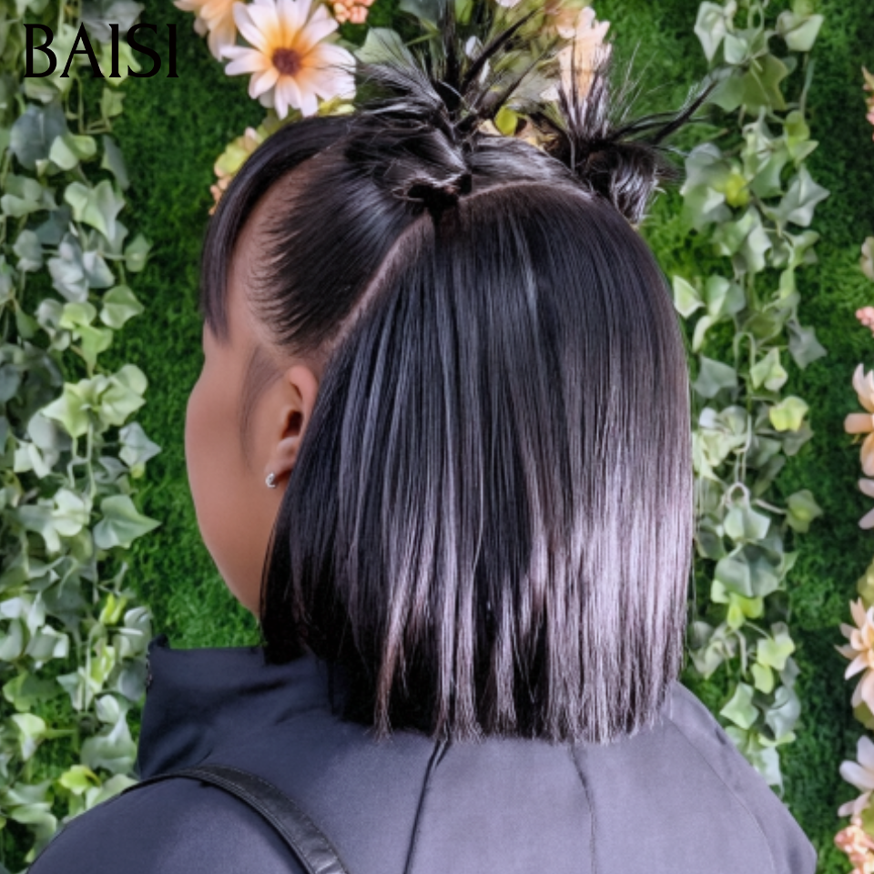 BAISI 13x4 Lace Perruque Bob Coiffée Lisse Avec Frange 8Pouces 119€ Couleur Noir 1B# Dejà Prête A Porter Coiffure Original 100% Identique en 100% Cheveux humains