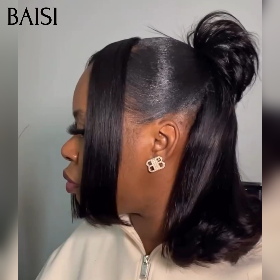 BAISI 13x4 lace Perruque Coiffée Bob Lisse Noir 1B# 12Pouces 129€ Coiffure chignon à bout légèrement balayé A la Mode en 100% Cheveux Humains