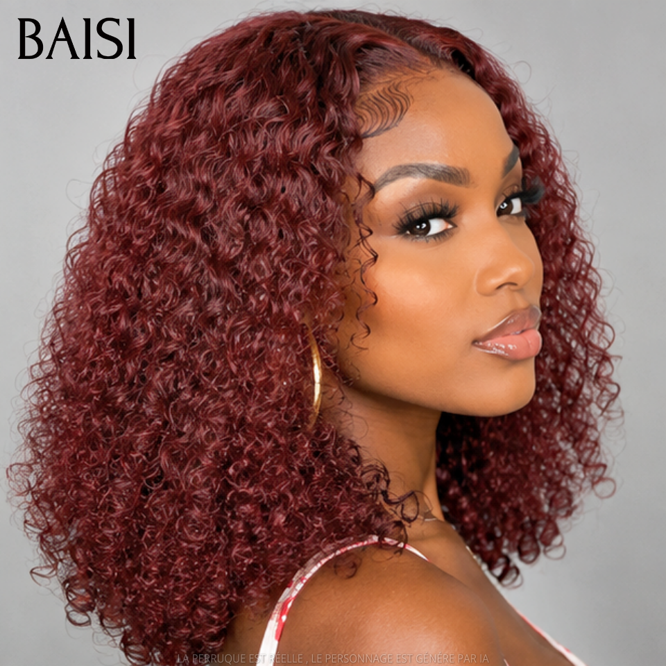 BAISI Perruque Bob 4x4 Lace Closure Bouclée en Rouge Bordeaux 99J# 250% densité Sans Colle Lace déjà couper Facile à Porter en 100% Cheveux Humains