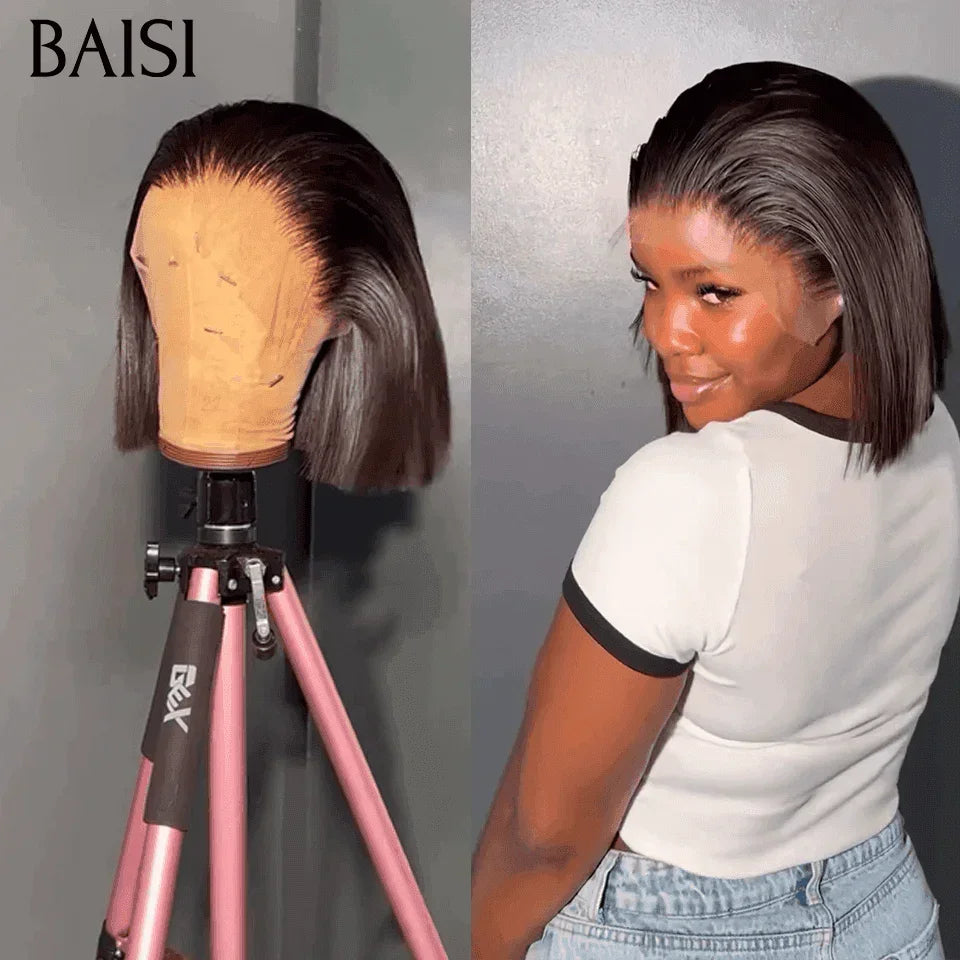 BAISI Grande Promo 13x4 Frontale Lace Perruque BOB Noir Lisse 8- 14 Pouces En 100% Cheveux Humains D