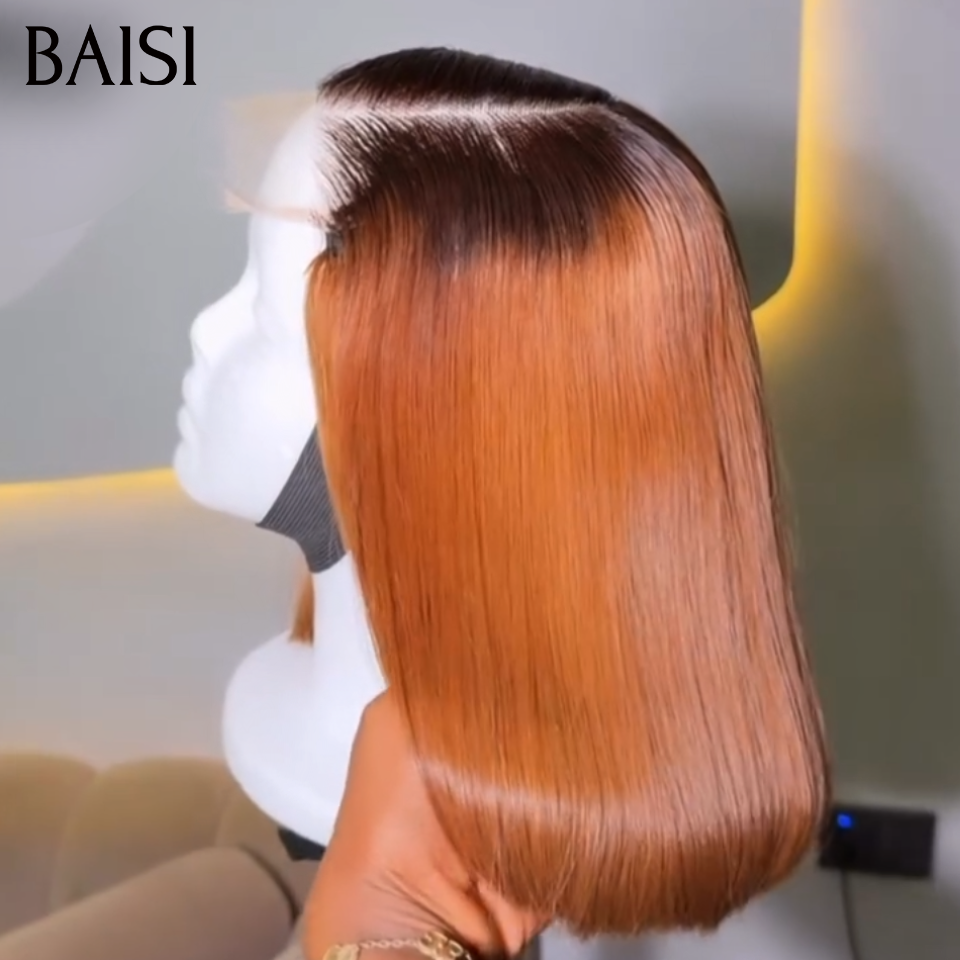 BAISI 13x4 Lace Perruque Bob Lisse 68€ Couleur Noir et Marron 1B4# Ou Vente flash 66€ 12 Pouces pixie curly wave avec Frange Fabriqué à la Machine Facile à porter en 100% Cheveux Humains