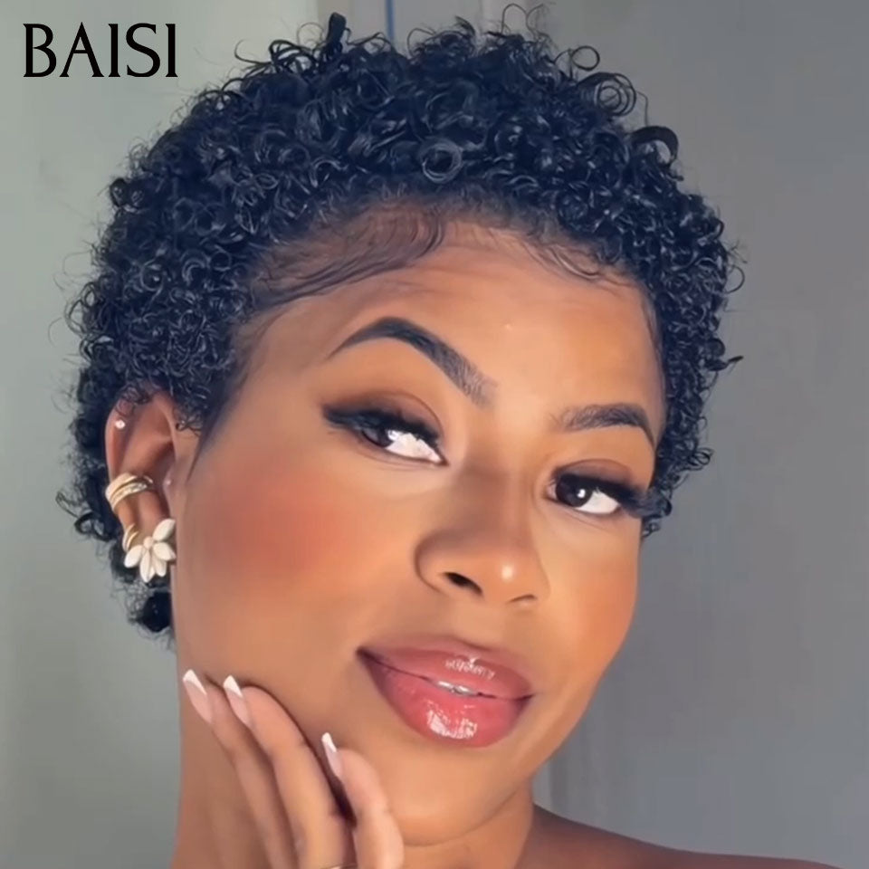 BAISI Pixie Petite Coupe Curly en Lace 13x4 Frontal 75€ Seulement Prix Imbattable Modèle Unique En 100% Cheveux Humains