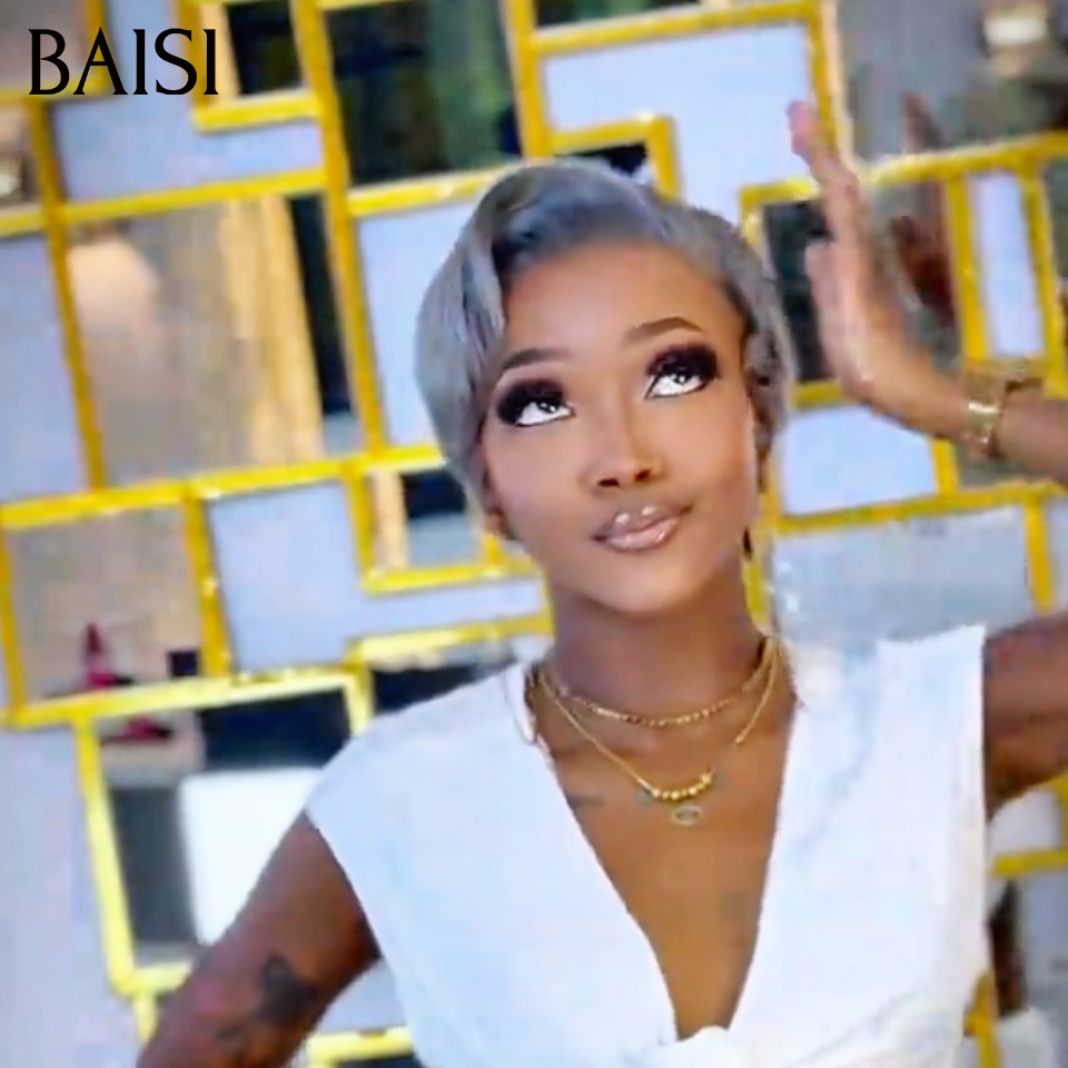 BAISI 13x4 lace Perruque pixie Lisse Grise 6 Pouces Couleur et Style A la Mode 89€ Seulementen 100% Cheveux Humains