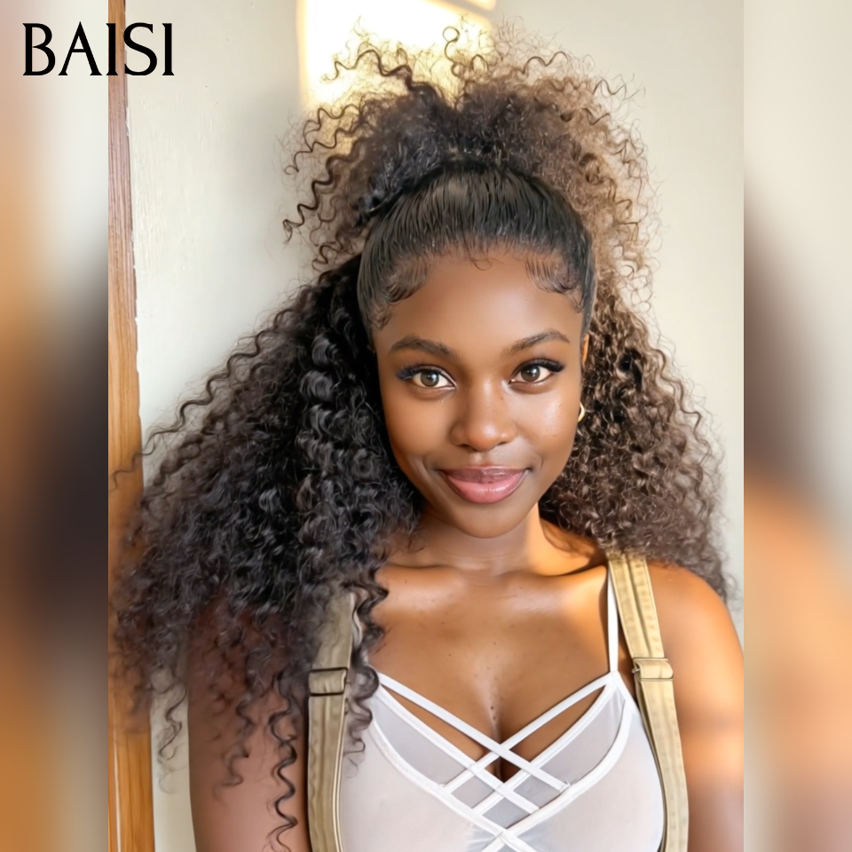 BAISI 13x4 lace frontal Perruque Curly Coiffée 20Pouces 139€ avec Chignon Prêt à Porter en 100% Cheveux Humains