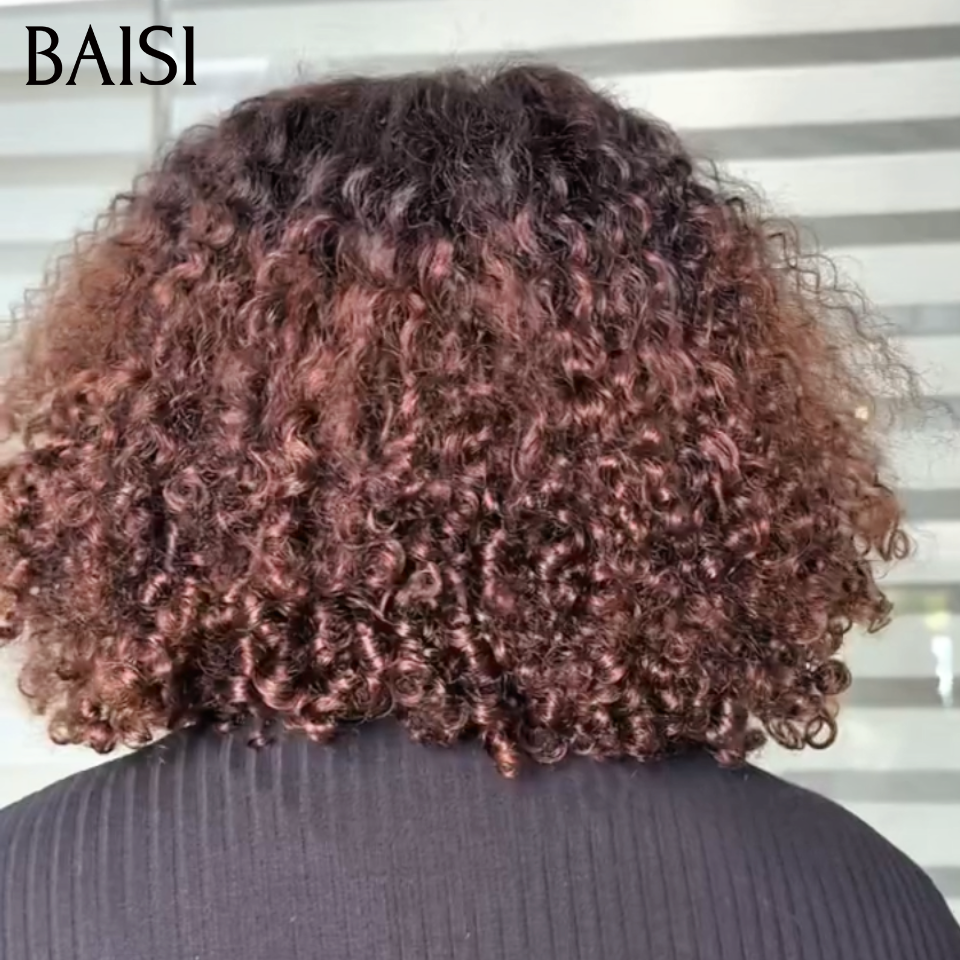 BAISI 13x4 lace frontal Perruque Curly Wave Frisée Couleur Marron et Noir 1B/4# Taille 12 pouces 79€ Seulement Promotion Eté Stock Limités en 100% Cheveux Humains