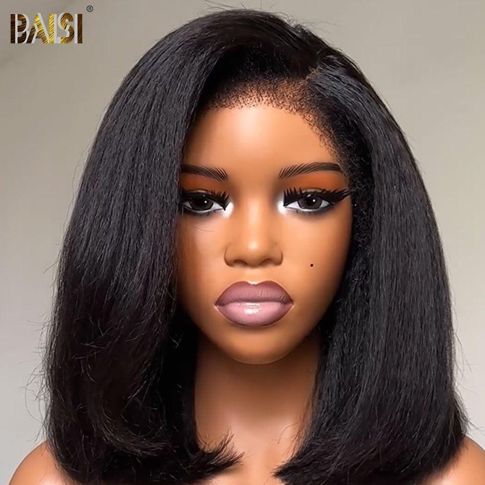 BAISI 13X4 Perruque Bob Kinky Straight En Noir 12 pouces 140€ en 100% Raw Hair 4C Hairline Vietnam Hair 300% densité plus de 20 ans d' utilisations