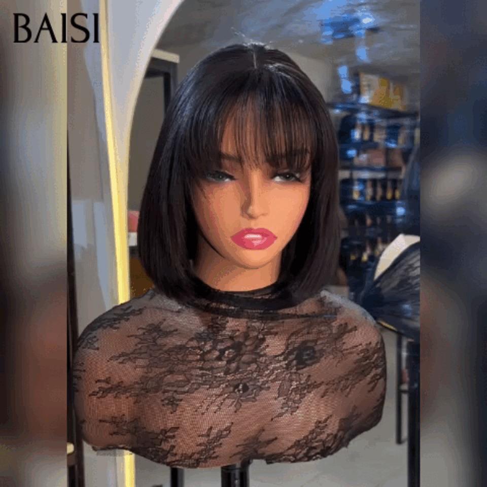 BAISI Offre Flash 65€ 8 Pouces Bob lisse Avec Frange Perruques de Luxe 100% Vietnam Hair SDD BONE STRAIGHT 300% densité sans Lace sans colle BS65