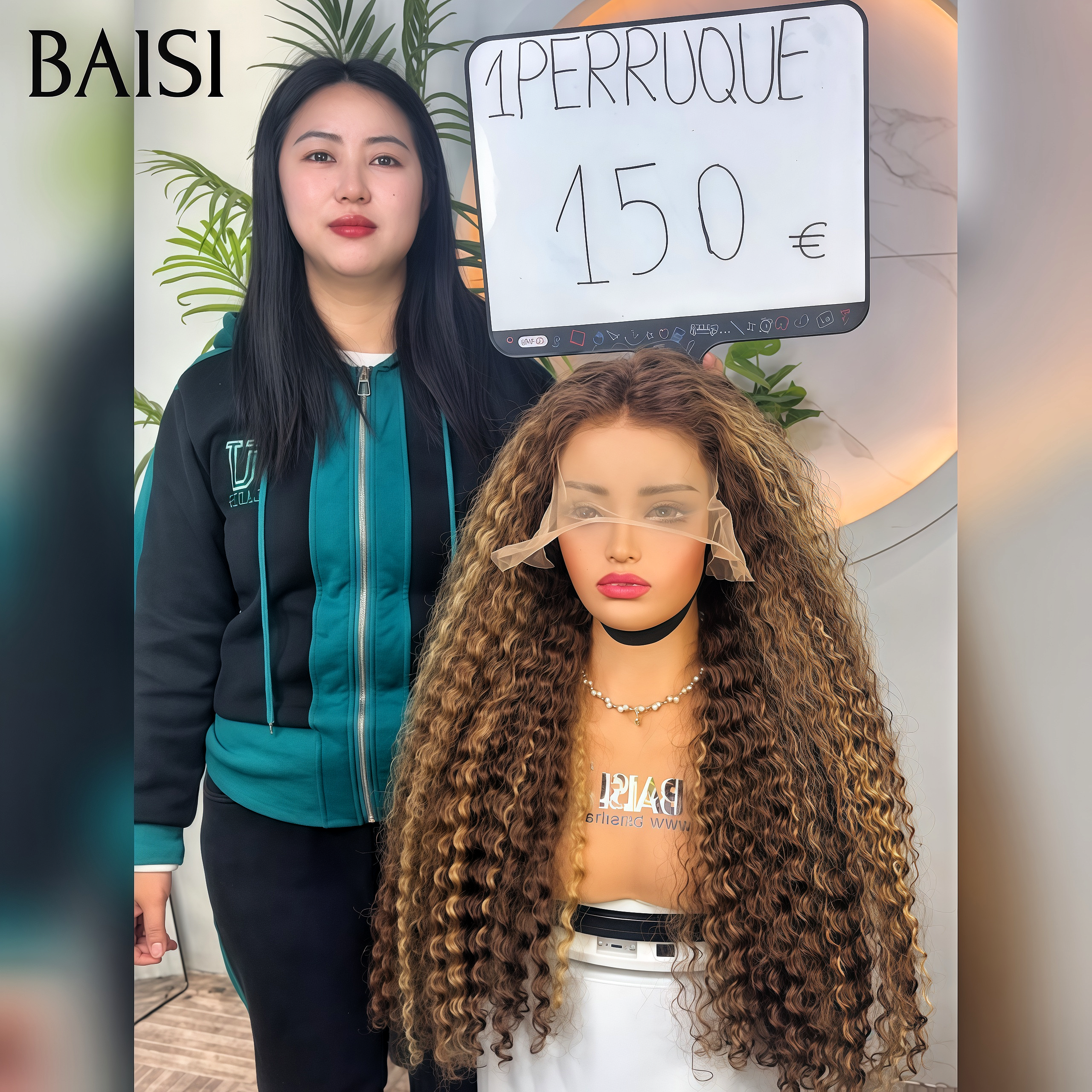 BAISI Perruque 13x4 lace frontal deep wave 24 Pouce + Cadeaux 150€ en couleur marron mixte miel en 100% Cheveux Humains