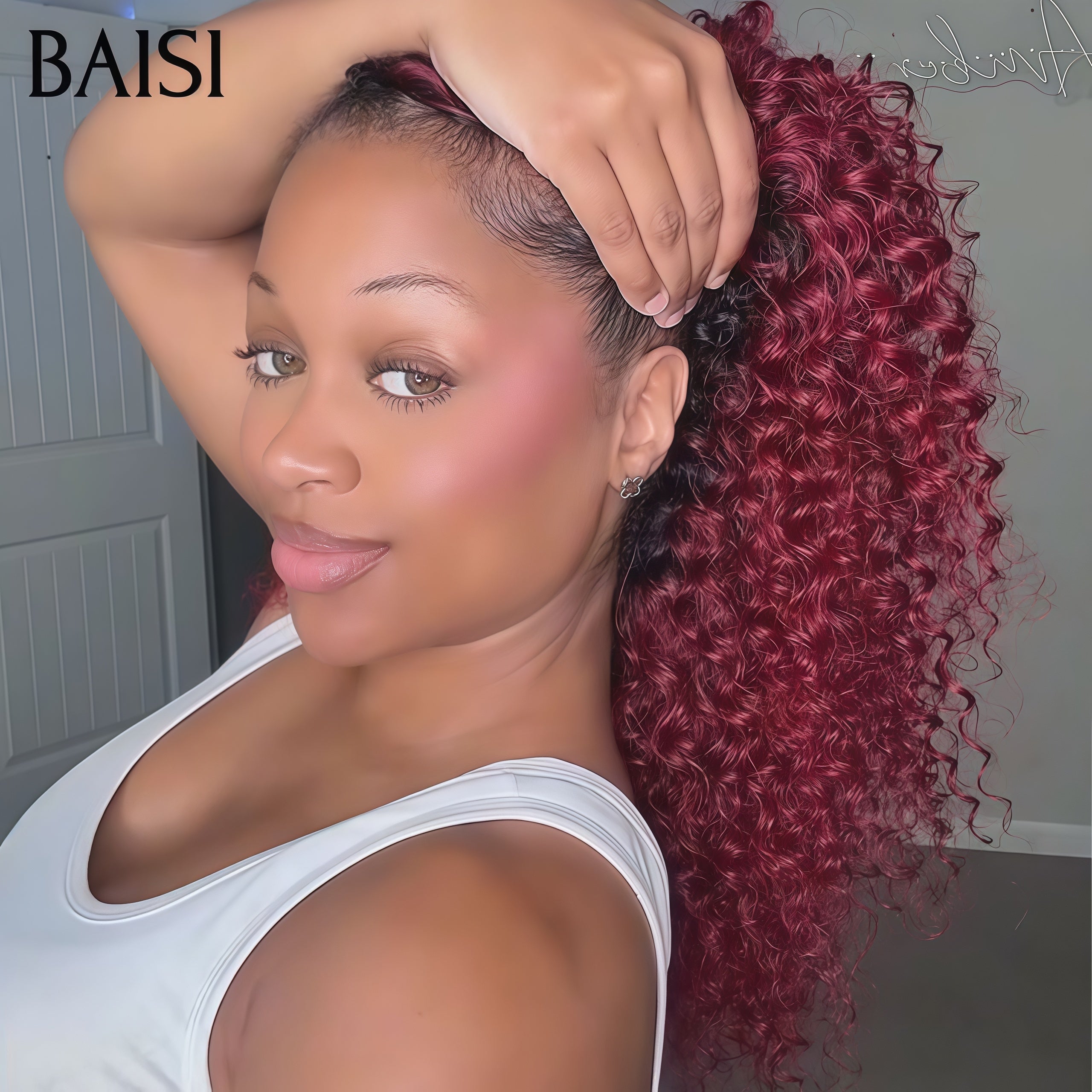 BAISI Extensions Plumes Cheveux Humains Rouge Bordeaux 99J# en Crochet Texture Curly Wave Installation Etape par Etape Facile et Simple Rendu et naturel en 100% Cheveux Humains