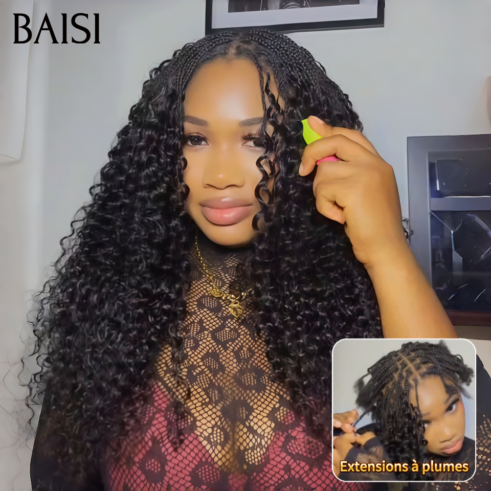 BAISI Extensions Plumes 100% Cheveux Humains Curly Wave Frisée Noire Installation Etape par Etape Rendue Longue Volume et Naturelle en 100% Cheveux Humains