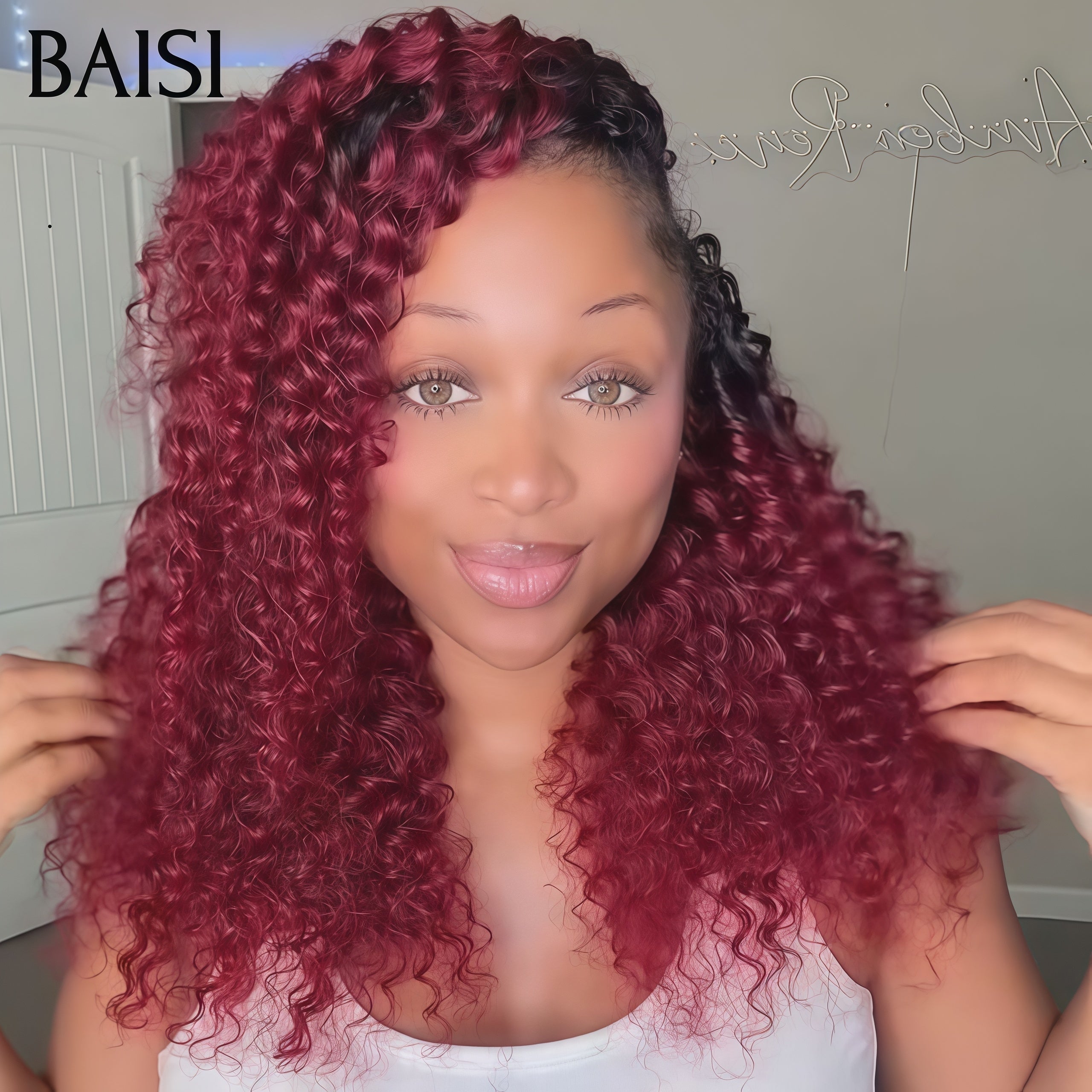 BAISI Extensions Plumes Cheveux Humains Rouge Bordeaux 99J# en Crochet Texture Curly Wave Installation Etape par Etape Facile et Simple Rendu et naturel en 100% Cheveux Humains