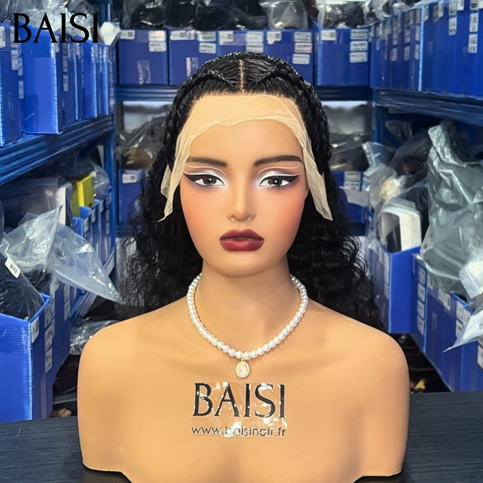 BAISI Perruque 13x4 lace frontal avec coiffure tressée natte noir 99€ curly wave en 100% Cheveux Humains Comme la photo