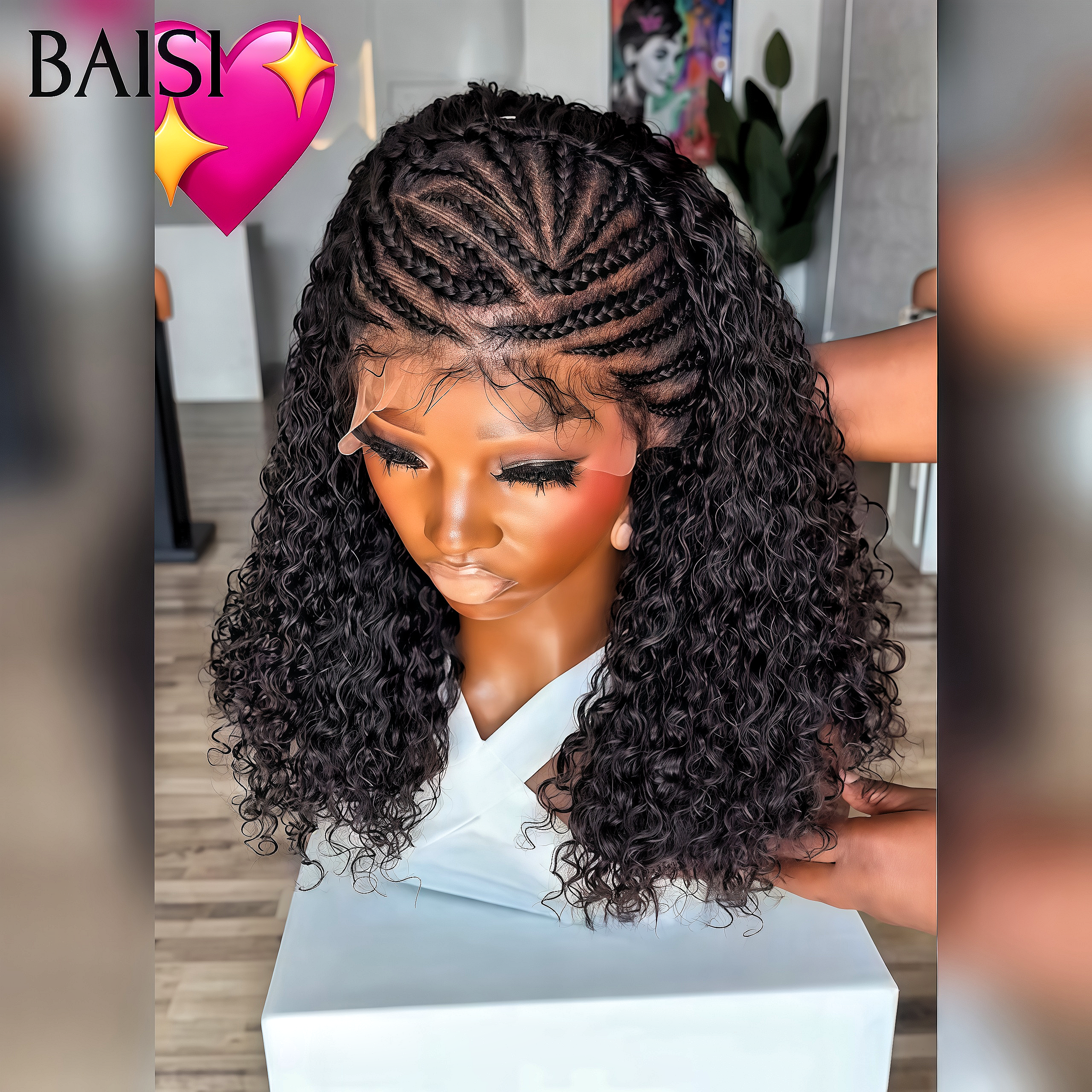BAISI Perruque avec coiffure tressée natte lace frontal 13x4 curly wave noir 20 pouces Offre Flash 100% Cheveux Humains