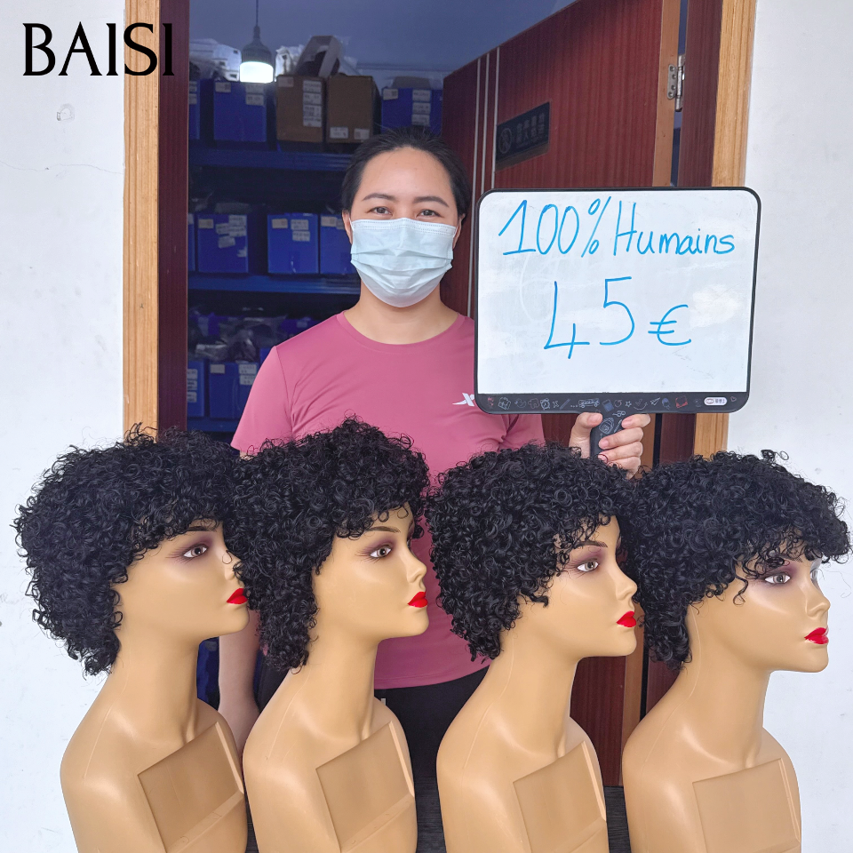 BAISI petite coupe fabriqué à la machine 45€ curly wave naturel promotion perruque En 100% Cheveux Humains