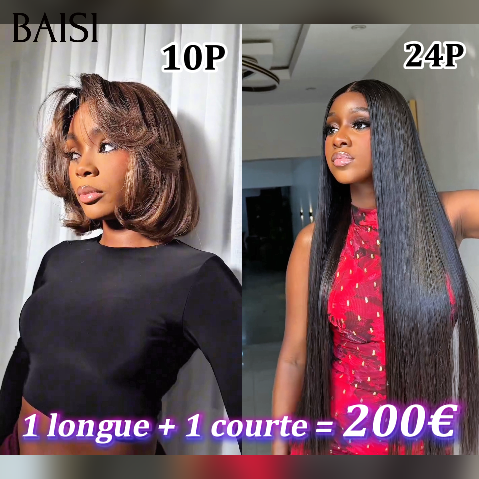 BAISI perruques Lace 13x4 1 longue + 1 courte = 200€ Lisse naturel NOIR en 100% vrais cheveux humains