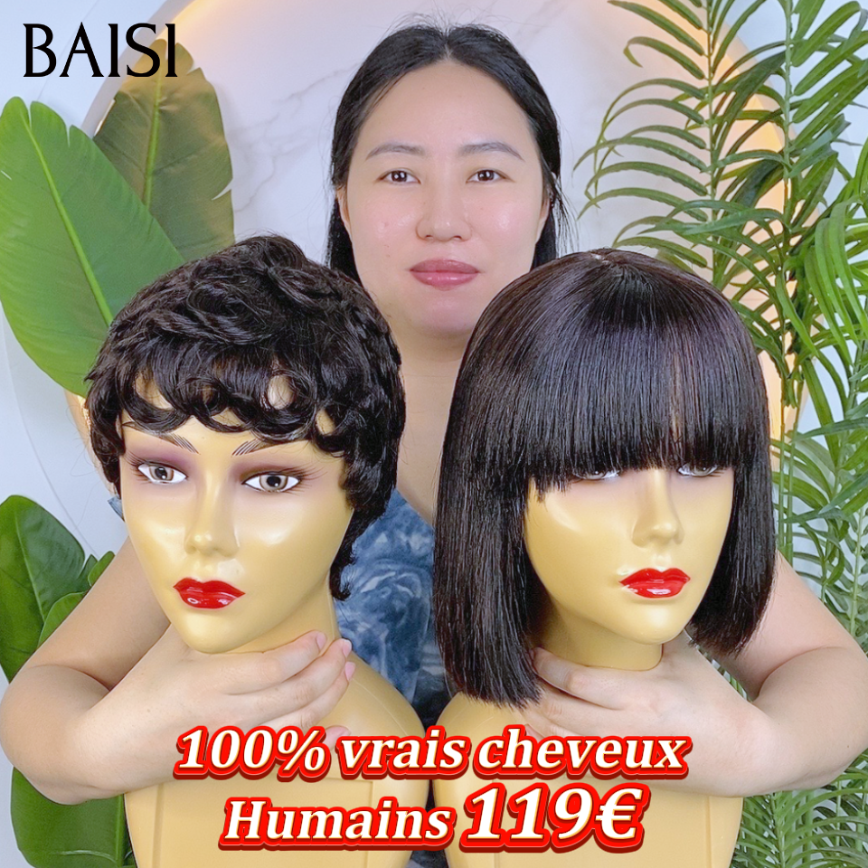 BAISI 2 Perruques 119€ 2x4 lace lisse avec frange 8 pouce et 13x4 pixie lace frontale chioma 100% vrais cheveux humains
