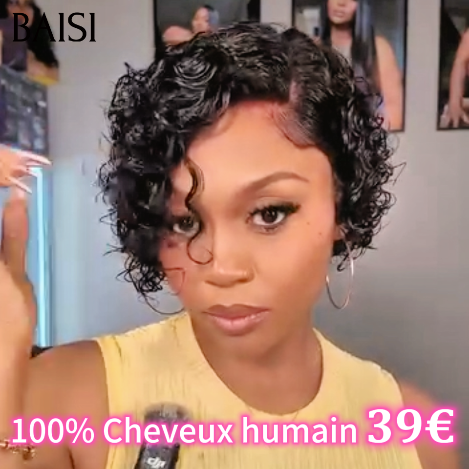 Promotion Perruque pixie curly wave 39€ ou 4X4 closure curly wave noir 1B# perruque 10 pouces 69€ closure en 100% Cheveux humain