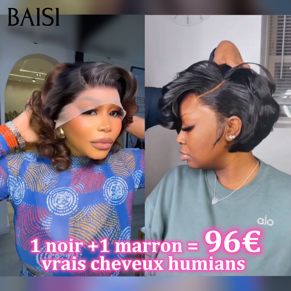 BAISI Prix en Gros 2 Perruques 96€ 13x4 lace frontale Pixie en 2 couleurs 100% vrais cheveux humians