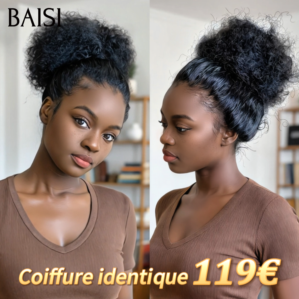BAISI perruque en chignon bun afro 18 pouce Coiffure identique 119€ NOIR en 100% Cheveux Humains