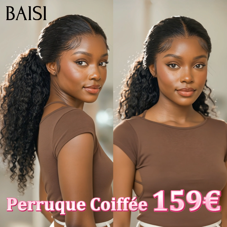 BAISI Perruque Coiffée 13x4 lace frontale en chignon bun NOIR curly wave en 100% vrais cheveux humains