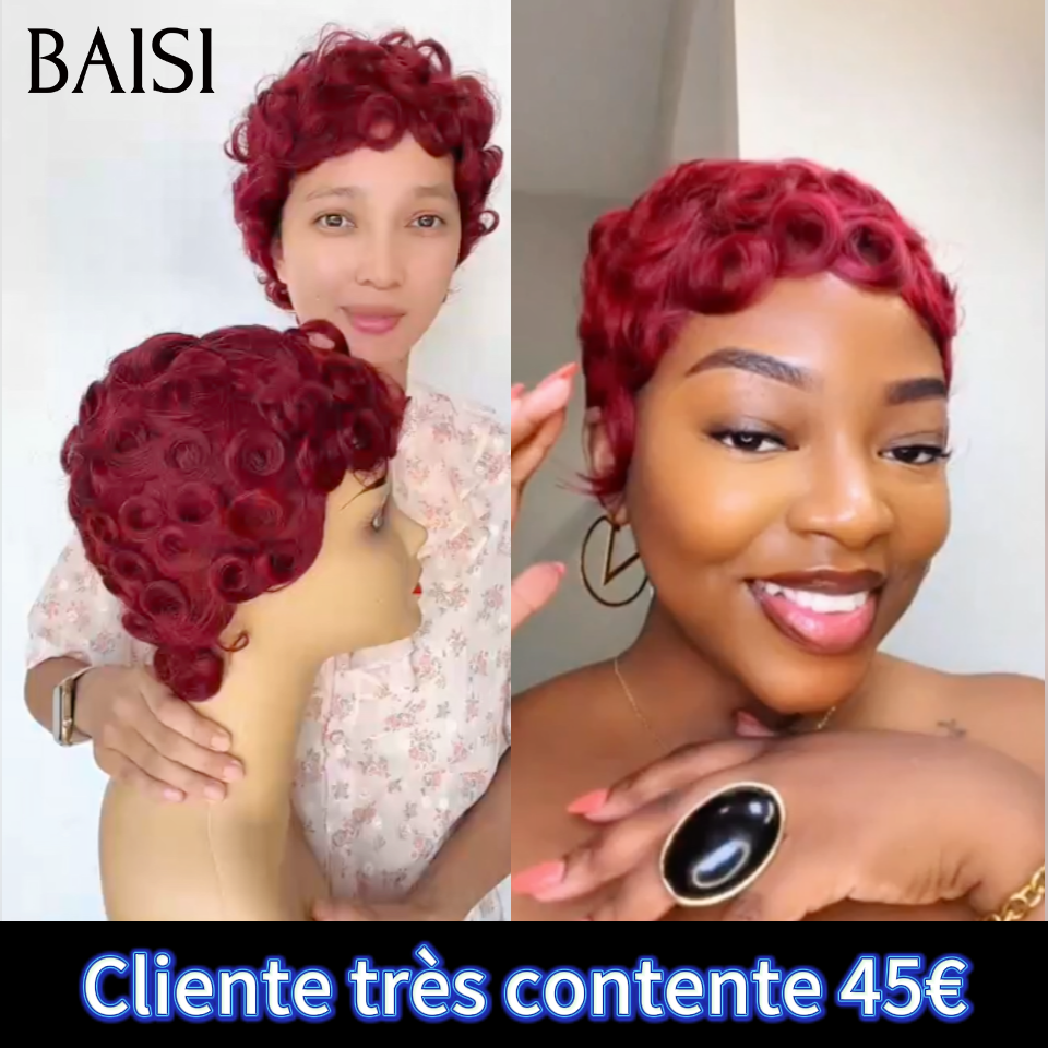 BAISI Perruque chioma pixie finger wave Fabriqué à la Machine Cliente très contente 45€ en couleur Bordeaux 99J# en 100% Cheveux Humains