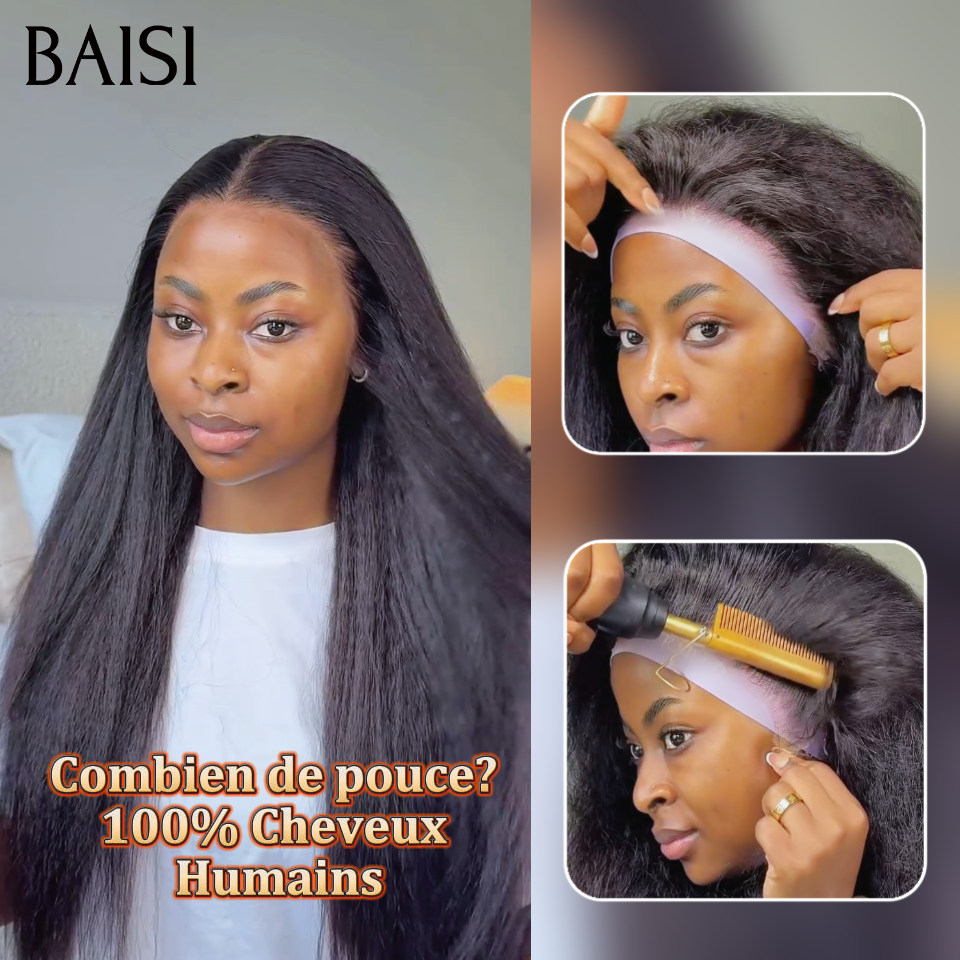 BAISI Perruques Lace Frontale kinky straight Sans Colle lace déjà coupée en NOIR en 100% vrais cheveux humains hair