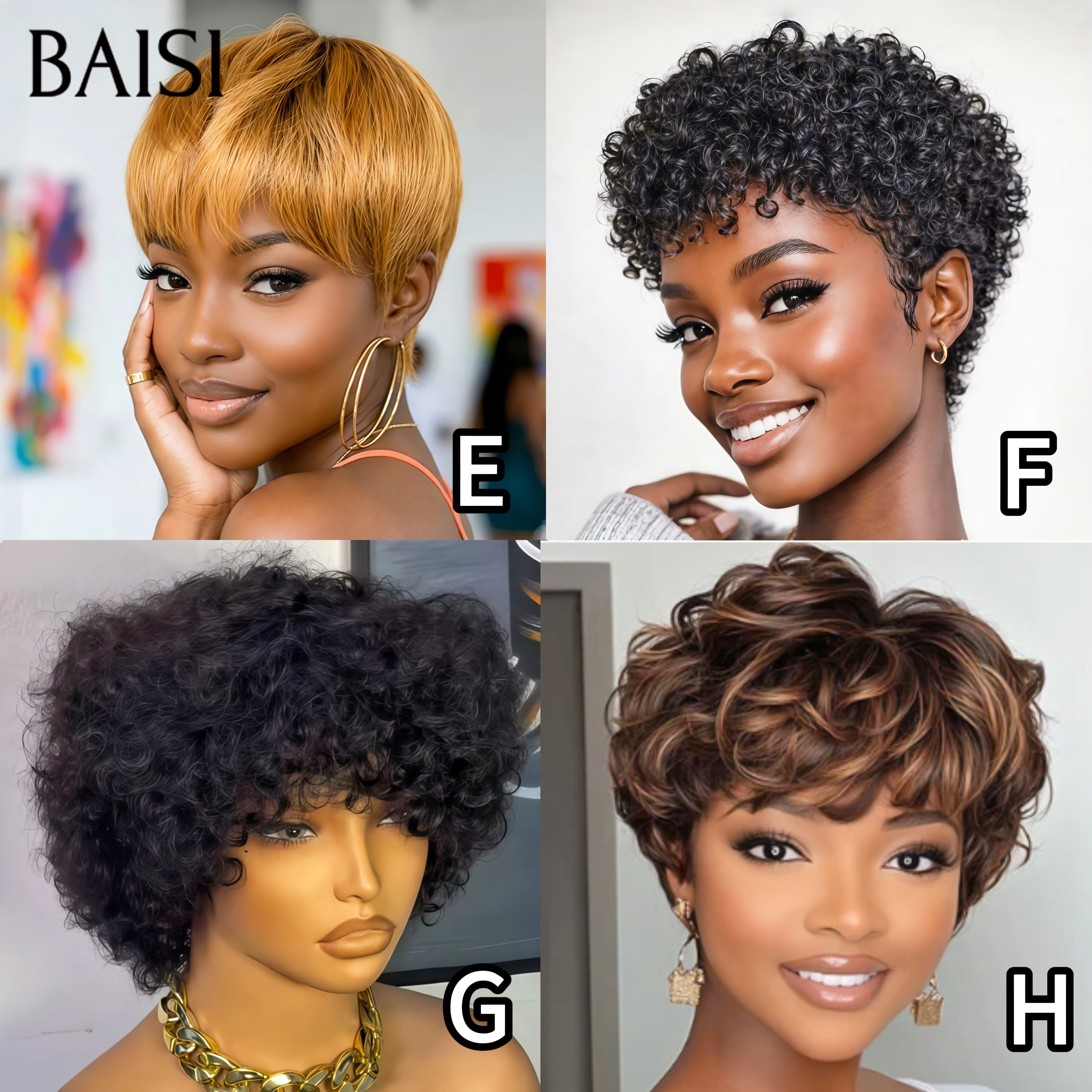 BAISI Lot 4 Perruques Pixie ABCD ou EFGH 100€ Différentes Modèles Mélangées Pour Revendre Fabriqué à la Machine en 100% cheveux humains