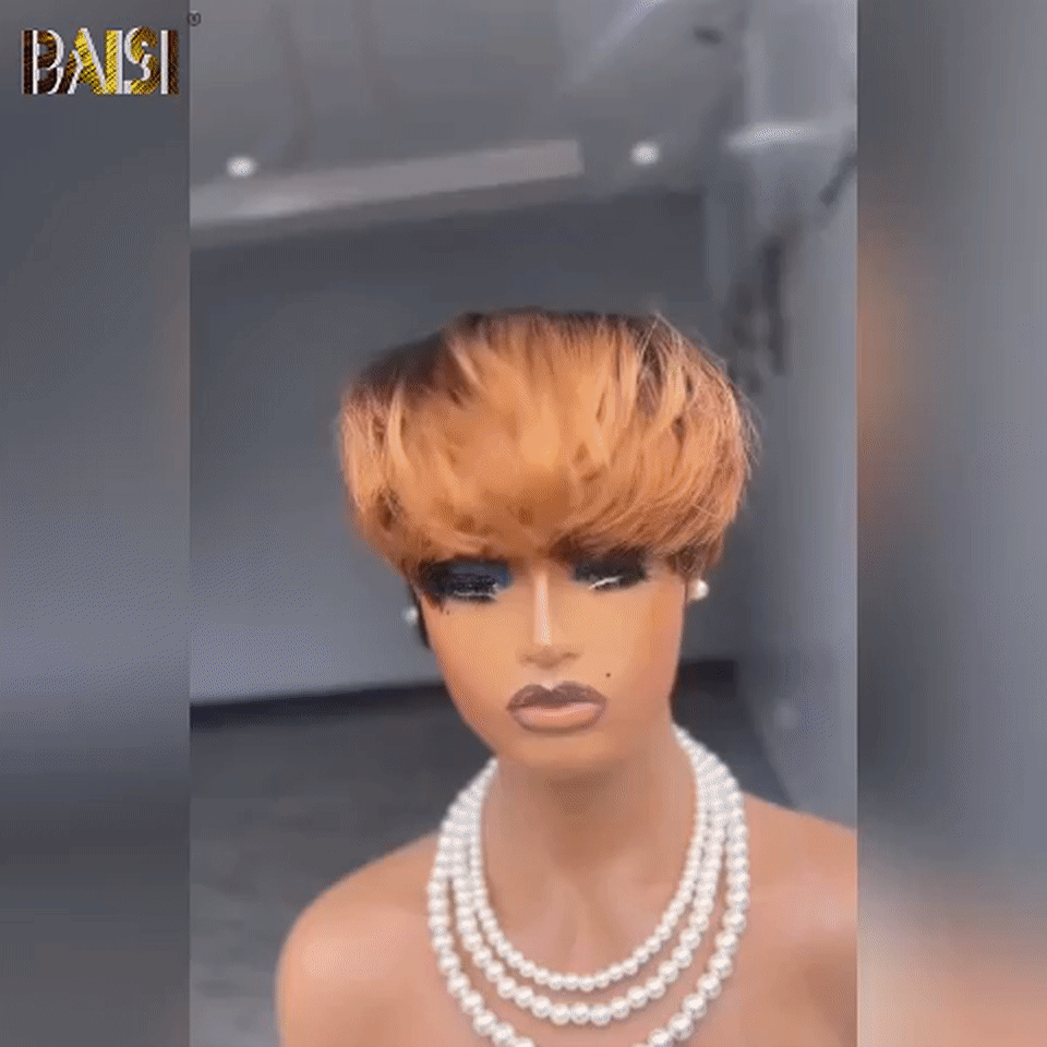 BAISI Perruque Pixie Lisse Miel 60€ ou Correspondance spéciale des couleurs en 100% Cheveux Humains
