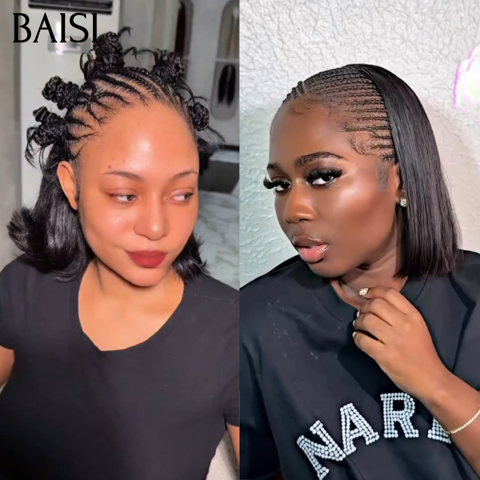 BAISI 13x4 Lace Perruque Déjà Coiffée Prête à Porter Carré Lisse A/B Petites Nattes Style Authentique en 100% Cheveux Humains