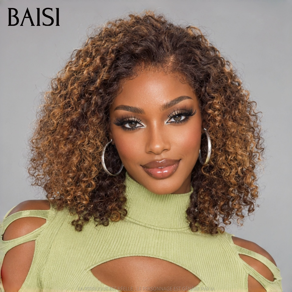 BAISI 13x4 Lace Perruque Bob Frisée Curly 14Pouces 109€ Couleur Marron Clair 4/30# Pour la Saison Tropicale en 100% Cheveux humains