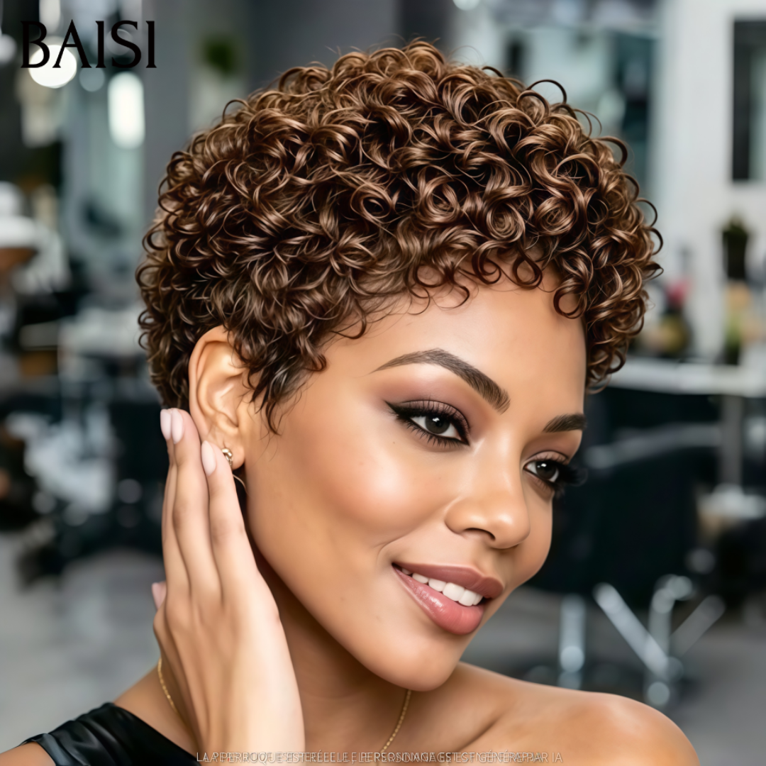 BAISI Perruque Pixie Curly Courte Marron 68€ Sans Colle Sans Lace Pratique Au Quotidien en 100% Cheveux humains