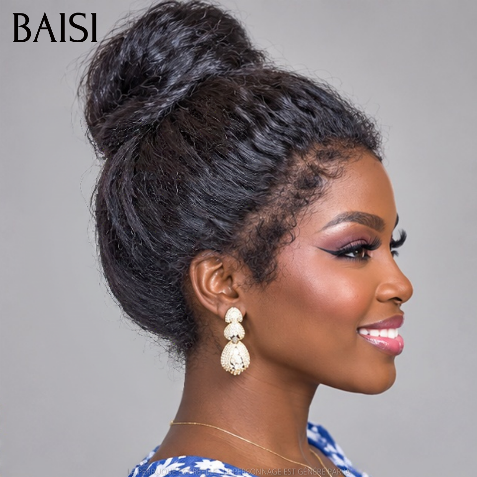 BAISI perruque avec baby hair Upgrade Invisible Strap 360 lace Kinky Straight 360 invisible et réglable Pré-plucked Pas Besoin de Colle en chignon bun 250% densité en 100% Raw Hair Lace déjà couper