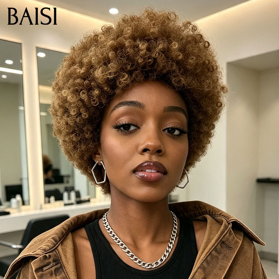 BAISI 13x4 Lace Perruque Pixie Afro Curly Couleur Mixte Miel 4/27# Super Elégante en 100% Cheveux humains
