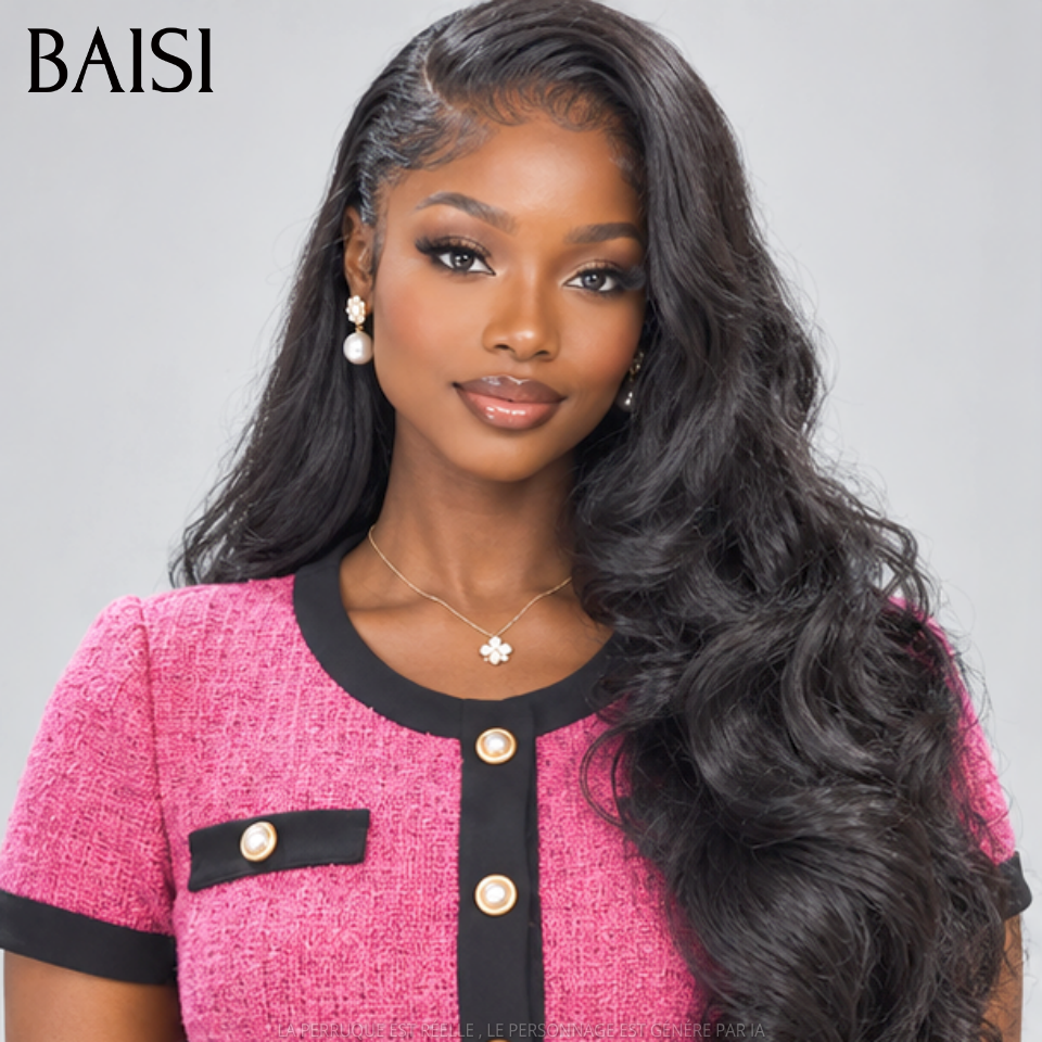 BAISI 13X4 Lace Perruque Body wave NOIR raw hair en 100% Vrais Cheveux Humains