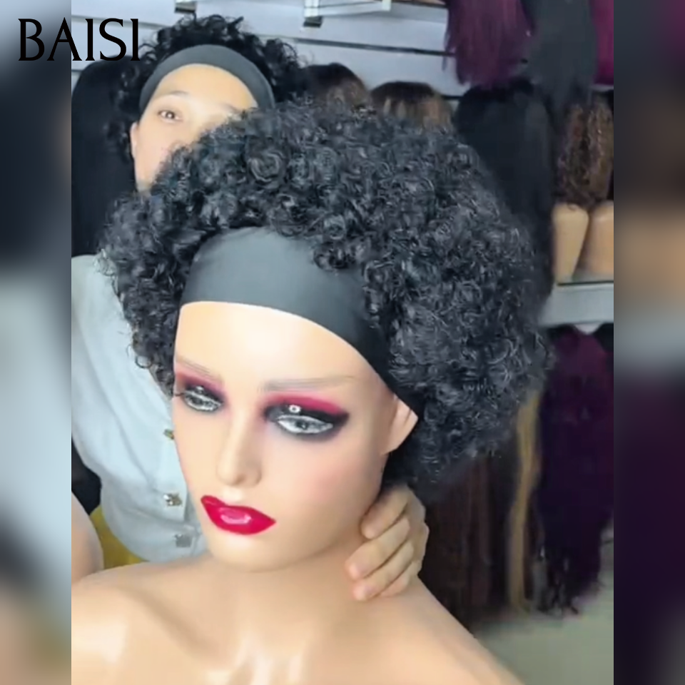 BAISI Perruque Pixie Bandeau Curly ou Afro Noir 6Pouces Prix Mini 49€ Sans Colle Sans Lace Facile à Porter et Contre la Chaleur en 100% Cheveux Humains