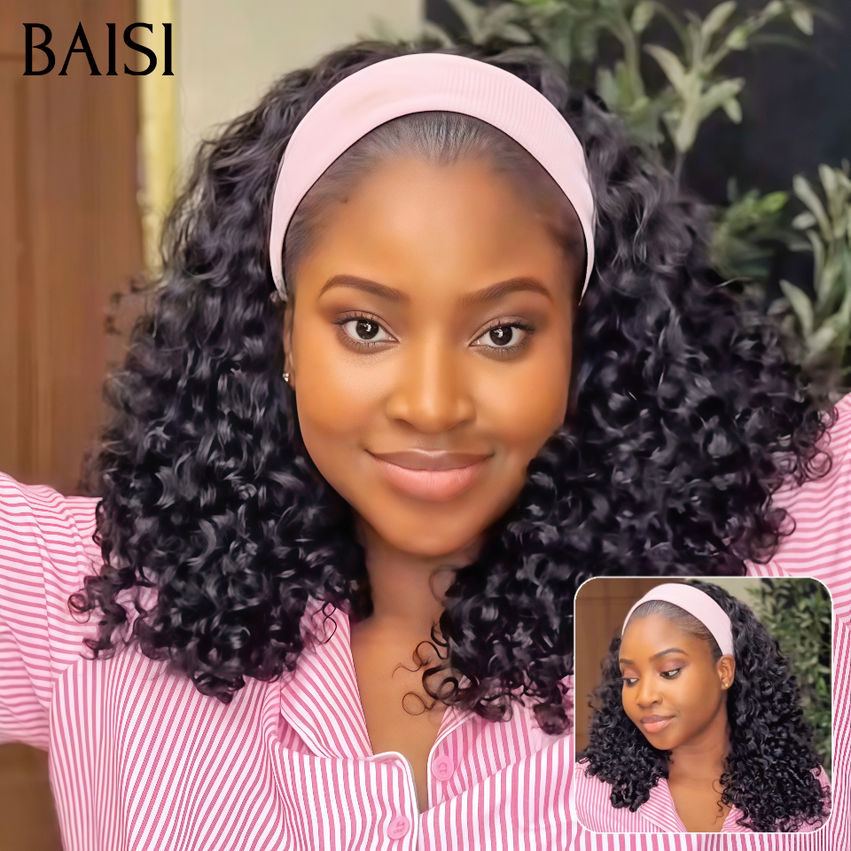 BAISI Perruque Bandeau Curly Wave 16Pouces Sans Colle Sans Lace Facile à Porter En 100% Cheveux Humains