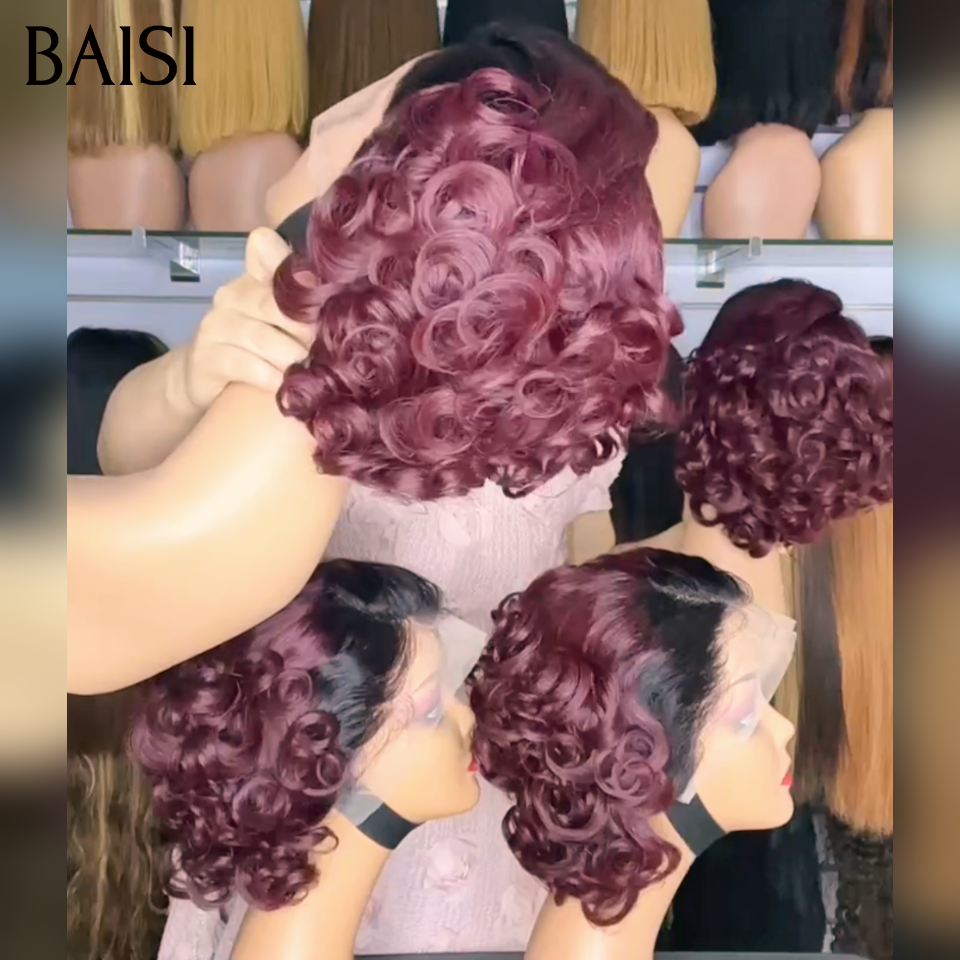 BAISI 13x4 Lace Perruque BOB Bouclée Wave en couleur Noir et Bordeaux 1B/99J# Très Jolie Boucle en 100% Cheveux Humains