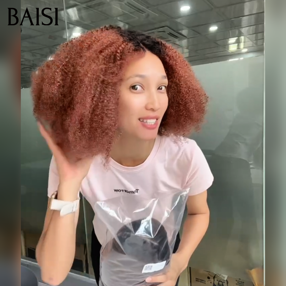 BAISI Perruque Afro Curly Marron Fond Noir Volume Maximum 300% Densité Photo Réelle 100% Identique en 100% Cheveux Humains