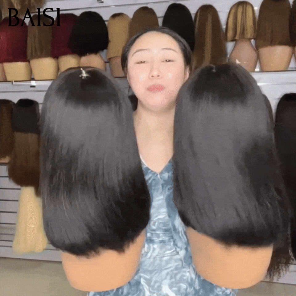 BAISI Perruque Bob Lisse Avec Frange Noir 10Pouces 65€ et 12Pouces 85€ Sans Colle Sans Lace Déjà En France Livraison 48H TVA 0€ en 100% Cheveux humains BS60