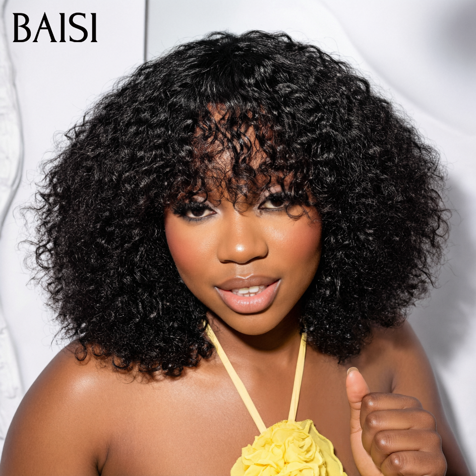BAISI Perruque Sans Colle Sans Lace Bob Water Wave Bouclé Avec Frange Couleur Noir Achetez 1 + 1 Gratuite = 89€ Seulement en 100% vrais cheveux humains Reçu 48H TVA 0€