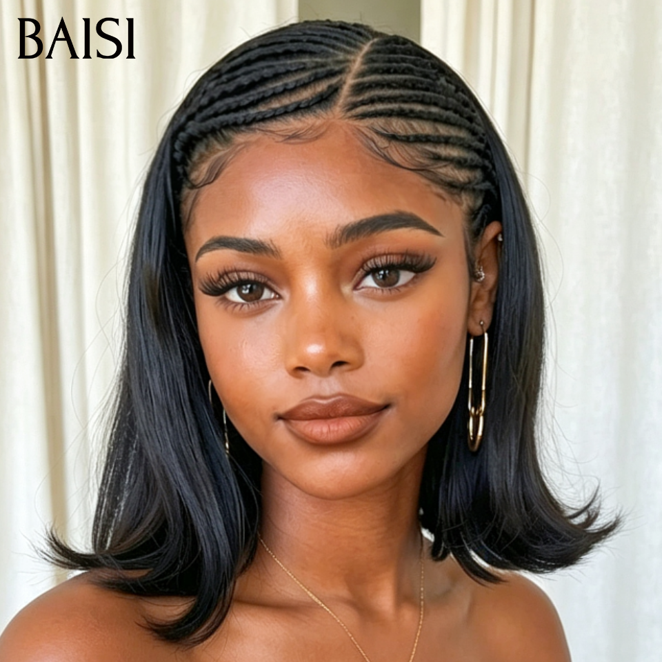 BAISI 13x6 Lace Perruque Coiffée Bob Lisse 8Pouces 99€ Couleur Noir 1B# Devanture Petites Nattes Pratiques Au Quotidien en 100% Cheveux humains