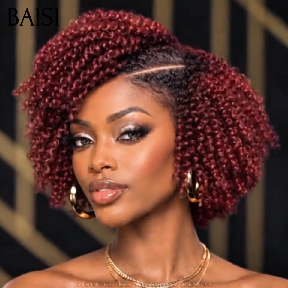 BAISI 13x6 Lace Perruque Bob Kinky Curly Coiffée Toutes les Couleurs disponible Avec Raie de Côté Nouveautés en 100% Cheveux humains