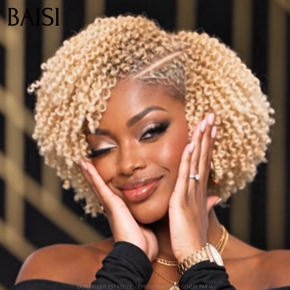 BAISI 13x6 Lace Perruque Bob Kinky Curly Coiffée Toutes les Couleurs disponible Avec Raie de Côté Nouveautés en 100% Cheveux humains