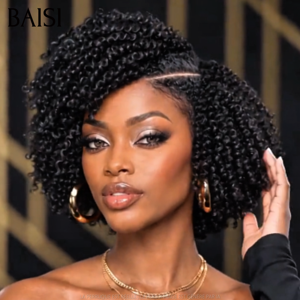 BAISI 13x6 Lace Perruque Bob Kinky Curly Coiffée Toutes les Couleurs disponible Avec Raie de Côté Nouveautés en 100% Cheveux humains