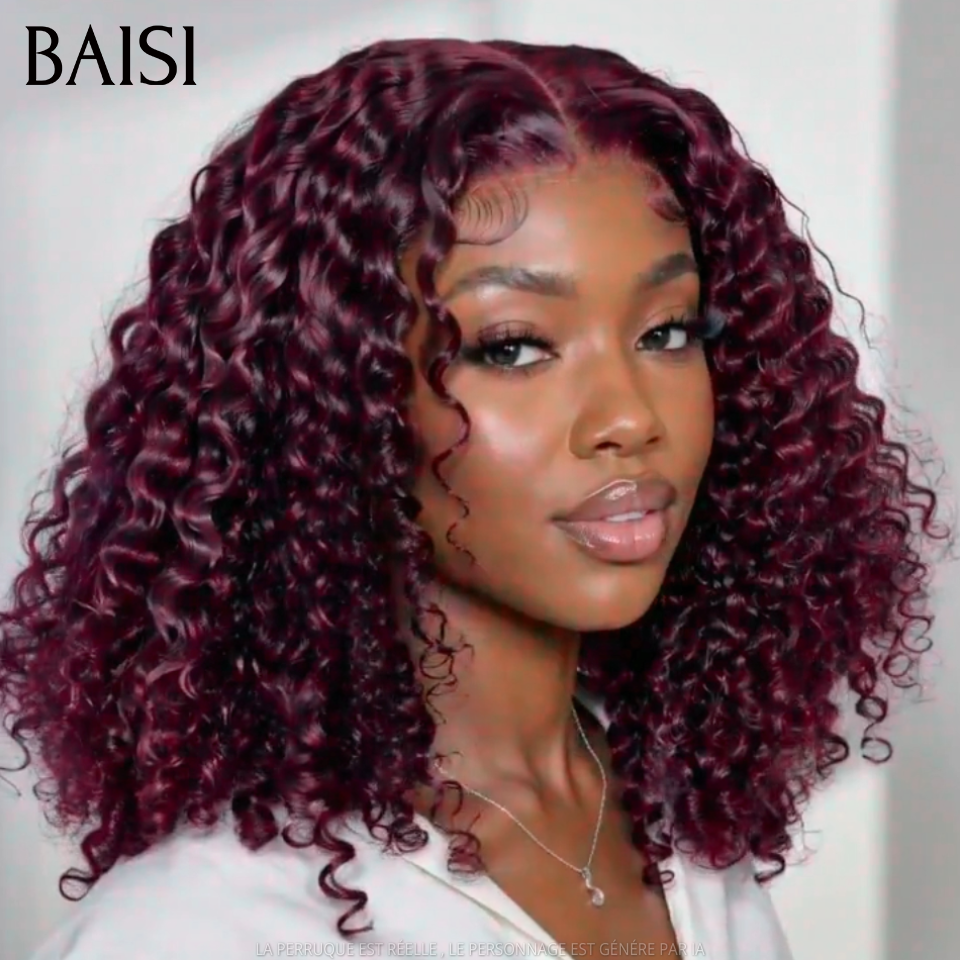 BAISI 4x4 Lace Perruque Bob Curly Rouge Bordeaux 99J 14Pouces 129€ 250% Densité 100% Vietnam Hair Meilleur Prix Meilleur Qualité 100% Identique Super Luxe en 100% Cheveux humains