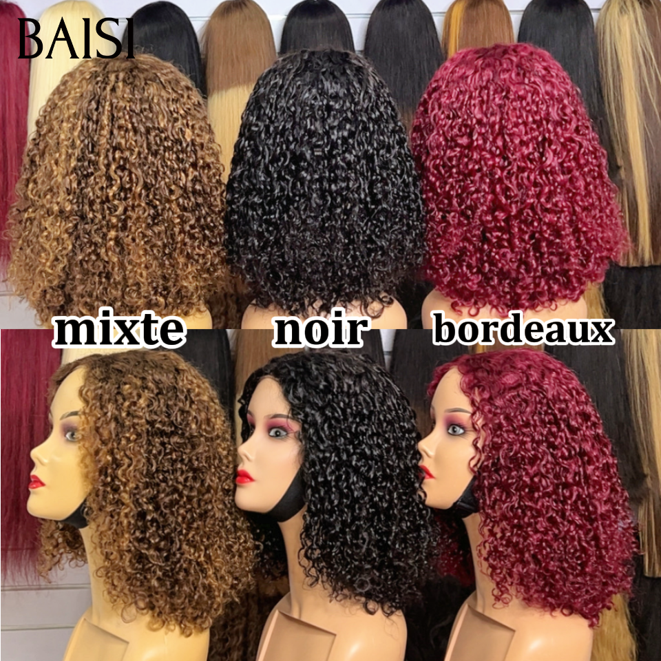 BAISI 13x4 Lace Frontal ou 4x4 Lace Closure Perruque BOB Curly 3 Différentes Couleurs Noir 1B# ou Marron mixte 4/27# ou Rouge bordeaux 99J# Qualité de Luxe en 100% Cheveux humains