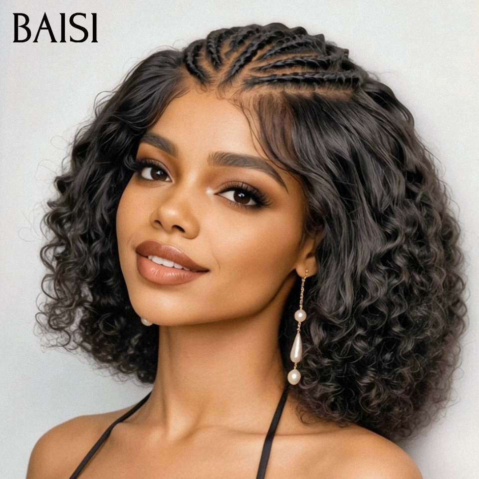 BAISI 13x4 lace Perruque Coiffée Curly Wave Frisée Noir 1B# Devanture Deja Tressés Petites Nattes Contre Chaleur en 100% Cheveux Humains