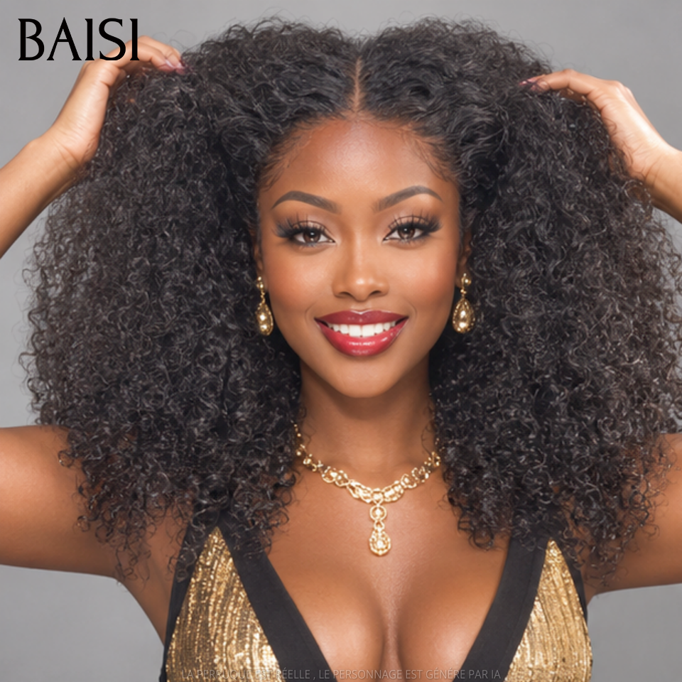 BAISI 13X4 Frontal lace perruque Afro Curly 16 Pouce 300% Densité Sans Colle Lace déjà couper en haut de gamme avec les Baby Hair naturel 100% vrais cheveux humains avec 4C Hairline