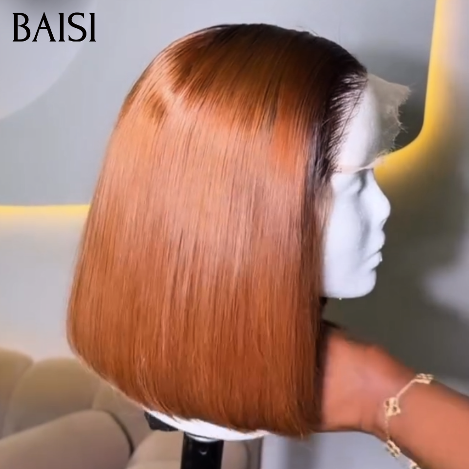 BAISI 13x4 Lace Perruque Bob Lisse 68€ Couleur Noir et Marron 1B4# Ou Vente flash 66€ 12 Pouces pixie curly wave avec Frange Fabriqué à la Machine Facile à porter en 100% Cheveux Humains